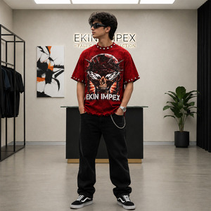 Camiseta Oversize de Algodón Grueso Personalizada para Hombre, Estilo Vintage con Lavado Ácido, Estampado de Calavera 3D, Camiseta Gráfica Streetwear Hip Hop con Detalles Metálicos - Product Image 3