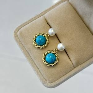 Petites boucles d'oreilles pendantes rétro turquoise fraîches, perle d'eau douce naturelle avec bijoux fins en argent pur à la mode - Product Image 5