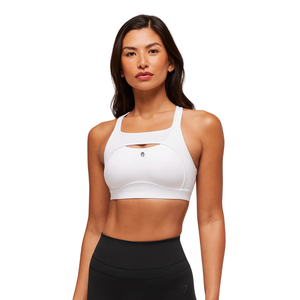 Sujetador deportivo de alto soporte para mujer con logo personalizado, blanco, de nailon y elastano, espalda cruzada, top atlético para yoga, acolchado, para gimnasio y entrenamiento. - Product Image 1