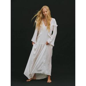 Vestido largo blanco con volantes para mujer, vestido holgado de manga larga, elegante vestido bohemio con cuello en V - Product Image 4