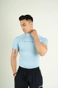 <b>Men</b> Light Blue <b>Turtleneck</b> Short Sleeve Slim Fit Compression Shirt Breathable Knitted Workout Gym Top - Product Image 6