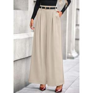 Pantalones de trabajo personalizados para mujer, otoño 2026, de cintura alta elástica, pierna ancha, plisados, largos, fluidos, estilo palazzo, con efecto arrugado - Product Image 5