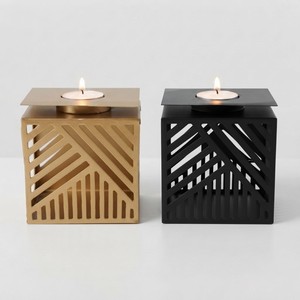 Modern <b>Gold</b> Black Metal <b>Tea</b> <b>Light</b> <b>Holders</b> Geometric Cut out Handmade MORADABAD ART METAL WARE Uttar Pradesh for Home Decoration - Product Image 1