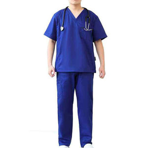 Ensemble de blouses médicales unisexe bleu en coton et polyester tissé, uniforme d'hôpital avec poche et support pour stéthoscope - Product Image 1