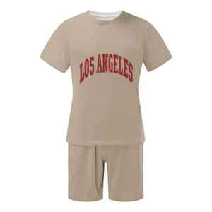 Ensemble T-shirt et short pour homme, imprimé Los Angeles, kaki, décontracté, été, respirant, tricoté, deux pièces, fabricant OEM - Product Image 5