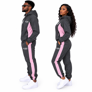 Unisex <b>Tracksuit</b> <b>Set</b> Black <b>Pink</b> Color Block Hooded Zipper Sporty Style Adult Autumn Wear casual sports lightweight <b>tracksuit</b> - Product Image 4