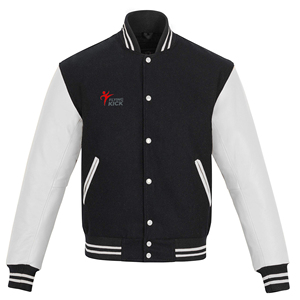 เสื้อแจ็คเก็ตวาร์ซิตี้สีดำสำหรับผู้ชาย แขนหนังสีขาว สไตล์พรีปปี้ ติดกระดุม สีพื้น ใส่ได้ในฤดูใบไม้ร่วง ทรงปกติ - Product Image 1