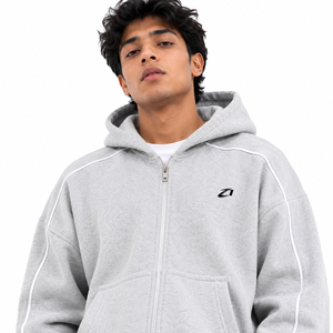 Conjunto Deportivo Unisex de 2 Piezas en Felpa, Sudadera con Cremallera Completa, Pantalones Deportivos Relajados con Ribete en Contraste, Gris Claro, 100% Algodón, Ropa Urbana, Logotipo Personalizado - Product Image 4