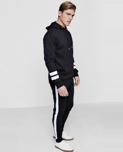 <b>Men</b> Hooded Tracksuit <b>Black</b> Full Sleeve Solid Color Casual Wear With White Stripes On Sleeves Breathable Polyester Material - Product Image 2