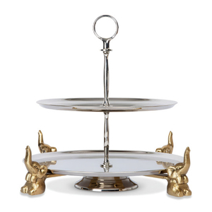 Élégant support à gâteau en métal argenté à 2 niveaux avec pieds d'éléphant dorés et anneau supérieur, centre de table de luxe pour desserts de mariage - Product Image 2