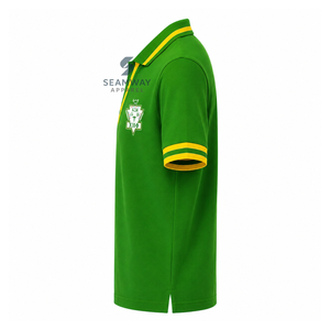 Chi Eta Phi Sorority Polo Shirt Women's Pique Green Yellow Stripe V-Neck Knit Short Sleeve Embroidered Crest Collared Tee - Product Image 3