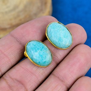 Natural Blue Amazonite Oval Shape Gemstone Dangle Hook Earring 18k Gold Micron Over 925 <b>Sterling</b> <b>Silver</b> - Product Image 1