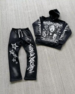 Streetwear de logo sérigraphié personnalisé Combinaisons de survêtement lavées à l'acide Ensemble pantalon de survêtement et sweat à capuche évasés avec patch de détresse lavés à l'acide pour hommes - Product Image 2