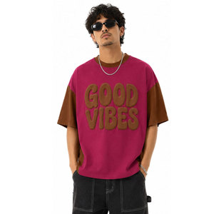 <b>Men's</b> Oversized T-<b>Shirt</b> Red Brown Color Blocked Embossed Good Vibes Letter Print Short Sleeve O-Neck Casual Knitted Style - Product Image 2