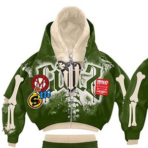 Conjunto de Sudadera con Capucha Verde para Hombre, Estilo Urbano con Estampado Digital, Conjunto de Dos Piezas con Patrón de Huesos y Pantalones con Cremallera - Product Image 5