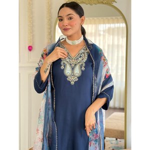 Magnifique ensemble bleu JC pour soirée, haut et bas avec dupatta, taille XL, élégant - Product Image 3