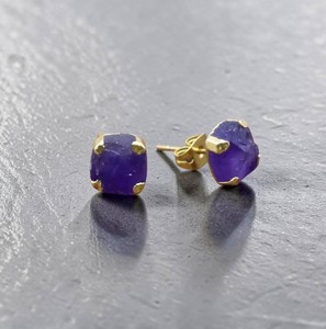 Raw Amethyst Gemstone Cushion Shape <b>Studs</b> Earrings Jewelry - Gold Electroplated Wholesale Handmade <b>Studs</b> <b>for</b> <b>Men</b> and Women - Product Image 1