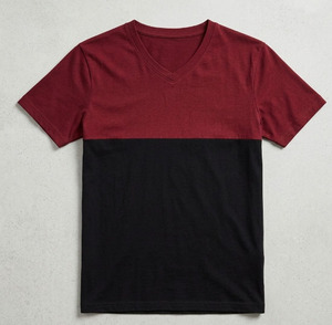 T-shirt Homme Col V Personnalisable avec Logo, Bicolore, en Coton, Patchwork, Manches Courtes, Coupe Slim, T-shirt Vierge Épais - Product Image 1