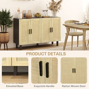Credenza Nera e Naturale in Rattan Stile Boho con 4 Ante e Ripiani Regolabili per Sala da Pranzo di Villa - Product Image 6