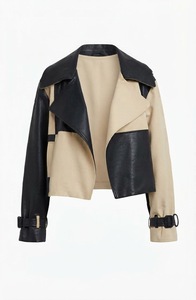 Women's Color Block Cropped Leather Jacket Oversized Biker Coat Waterproof Sleeve Cuff <b>Belt</b> Fall Casual Outerwear - Product Image 5