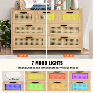 Cassettiera Moderna in Stile Fattoria con 7 Cassetti in Rattan e Luce LED, Mobile in Legno Boho Chic per Organizzare e Conservare Vestiti - Product Image 3
