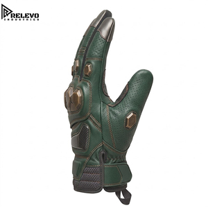 Motorcycle <b>Gloves</b>, Forest Green & Bronze Metal Hard <b>Knuckle</b> Protective Gear, Touchscreen Perforated Leather Motocross - Product Image 3