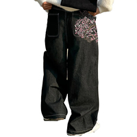 Jean baggy en denim brodé personnalisé pour homme, jean vintage noir délavé, pantalon baggy streetwear avec logo floral brodé