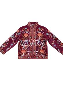 Veste florale brodée bordeaux avec col mandarin, manches longues, broderie à la main, style bohème pour adultes, tenue d'automne - Product Image 1