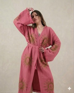Kimono rosa bordado para mujer, estilo bohemio, manga larga, cuello en V, corte holgado, largo maxi, bordado a mano, vestido informal. - Product Image 1