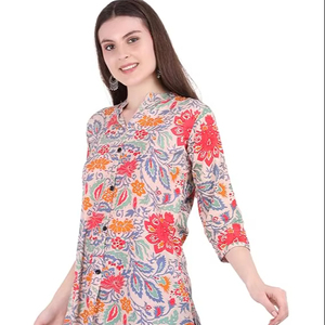 SAZU Stylish Floral Print Women’s <b>Kurti</b> with Vibrant Multicolor Design Comfortable Cotton Fabric Button Front Mandarin Collar - Product Image 1