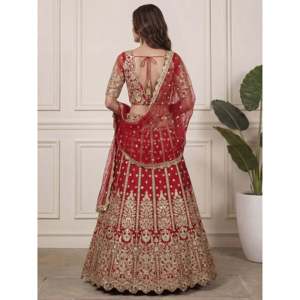 Red Zari Embroidered Net A-Line <b>Wedding</b> Lehenga Choli for Party - Product Image 3