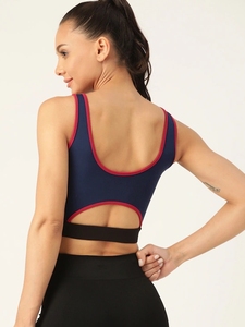 Sujetador deportivo azul marino para mujer con ribete rojo y cierre de cremallera frontal para yoga, fitness, entrenamiento, ropa deportiva - Product Image 5