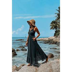 Robe longue noire bohème pour femme, bretelles spaghetti, robe d'été fluide, tenue décontractée pour les vacances - Product Image 3