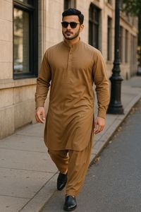 Ensemble Kurta Pyjama en Coton Marron pour Homme Coupe Classique Longueur Cheville Style Traditionnel Décontracté Inde Pakistan - Product Image 4