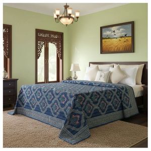 Hand Block Printed Cotton Sanganer Queen Size Kantha <b>Throw</b> <b>Large</b> Width Handmade Indian Quilt Traditional Bedroom Bedroom Textile - Product Image 1