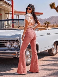 Jean bootcut rose pour femme, coupe droite, longueur genou, taille mi-haute, denim peint à la main, délavage clair vintage - Product Image 2