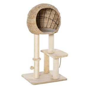 Moderno Tiragraffi per Gatti da 39 Pollici Beige, Ecologico, in Peluche e Sisal, con Corda Sospesa, Stile Classico, Motivo Solido, Sostenibile - Product Image 1