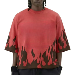 Men's Oversized Washed Cotton T-<b>Shirt</b> Short Sleeve O-Neck <b>Flame</b> Print Street Style Jersey Knit Regular Length Men's T-<b>Shirt</b> - Product Image 3