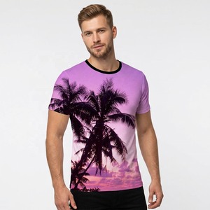 Camiseta de Manga Corta para Hombre, Color Morado, con Estampado de Palmeras y Atardecer, Cuello Redondo, Tejido de Punto, Corte Regular - Product Image 3