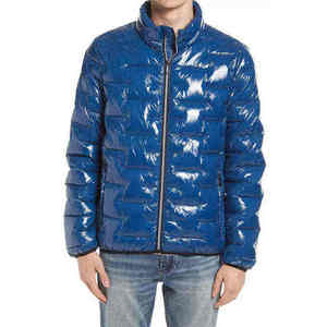 Mens Blue Shiny Waterproof Bomber Jacket <b>Lightweight</b> Padded Design Zipper Front Warm Insulated Winter <b>Coat</b> Casual Cotton - Product Image 1
