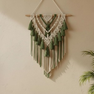 งานตกแต่งผนังแบบมาคราเม่สีขาวและสีเขียว สำหรับตกแต่งพื้นที่ทำงาน ห้องเรียน และการตกแต่งภายในสไตล์โมเดิร์น ขายส่งจากอินเดีย - Product Image 1