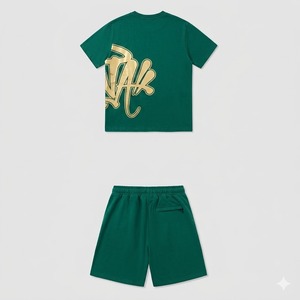 Casual Summer <b>Hip</b> Hop Shirts Sets Men's Green Cotton T-Shirt and Shorts Set with Gold Foil Print Logo Back Casual Summer Wear - Product Image 1