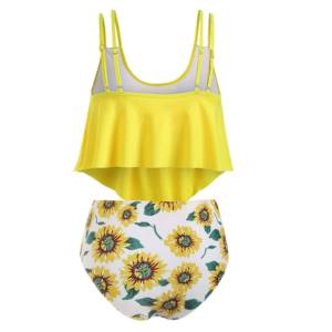 Ensemble de maillot de bain tankini pour femme, haut court à col halter jaune à carreaux, éco-responsable, extensible, séchage rapide, spandex/polyester, coupe classique - Product Image 5