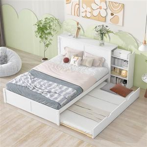 Queen Size Storage Platform Bed with White Pull-Out Shelves & Twin XL Trundle Up-Holstered Furniture - Product Image 2