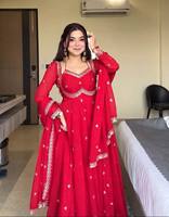 Baju Anarkali Georgette Merah dengan Bordir Emas, Slim Fit, Anti Kusut, Pakaian Tradisional Etnis India untuk Pernikahan Wanita