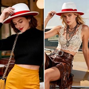 White Fedora Hat with <b>Red</b> Decorative Band Unisex Formal Party Accessory Breathable Acrylic <b>Material</b> Four Seasons Wear - Product Image 5
