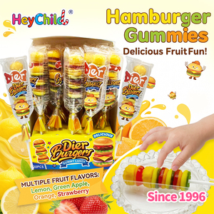 Bonbons en gros personnalisés sous marque privée, nouvelles sucettes gélifiées en forme de burger, saveur fruitée riche, douces et moelleuses, en boîte, appréciées des enfants, collations quotidiennes, OEM/ODM - Product Image 4