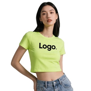 Camiseta Corta para Mujer, Estilo Informal, Ajustada, de Manga Corta, de Algodón Elástico, Estilo Veraniego, Suave y Cómoda para Uso Diario - Product Image 1