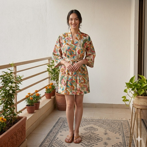 Robe kimono en coton biologique à fleurs, vente en gros |   Robe de chambre à imprimé artisanal avec poches |   Ensemble de vêtements de nuit à manches longues et col en V - Product Image 5