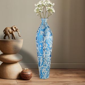 Florero Metálico de Calidad Superior, Tamaño Largo, para Oficina o Sala de Estar, Color Azul con Diseños de Puntos Blancos, Decoración de Mesa Disponible - Product Image 2